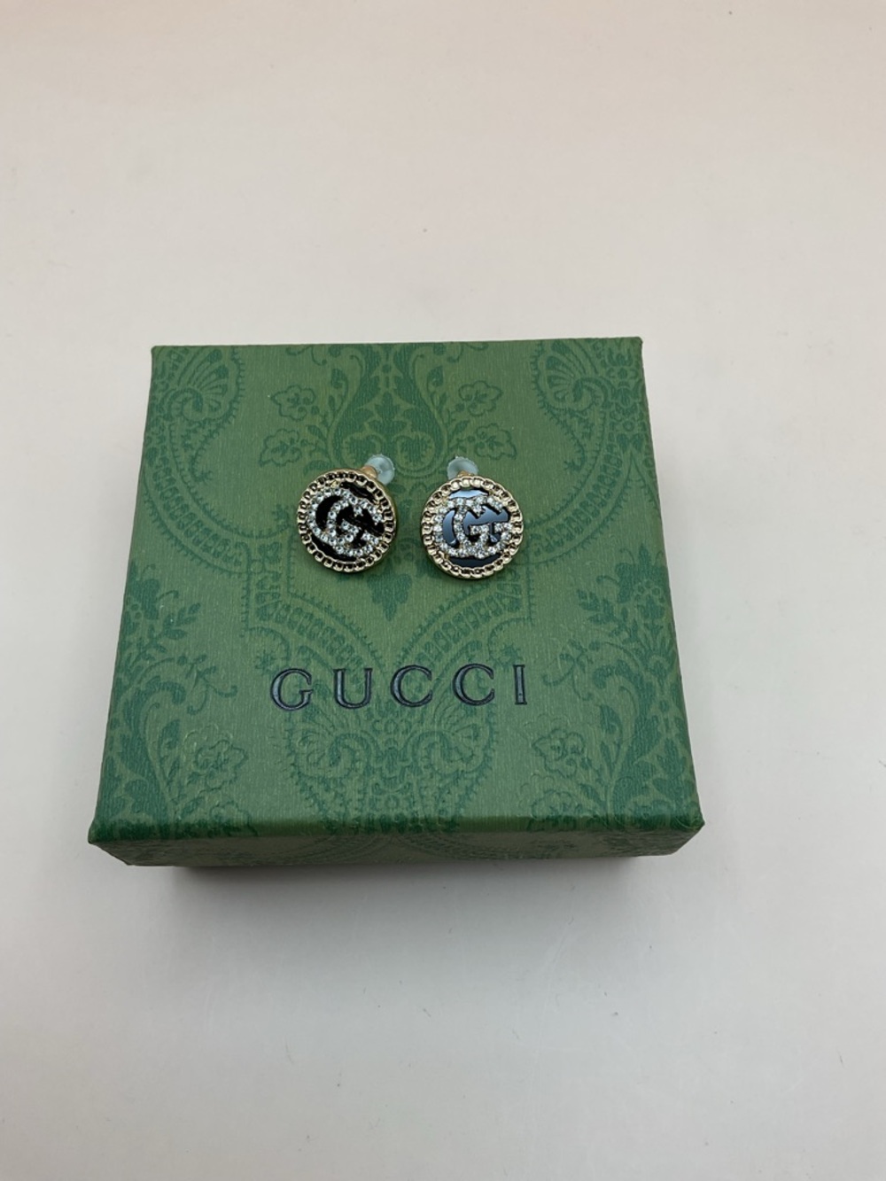 Gucci Round Double G Crystal Stud Earrings - Gold & Black